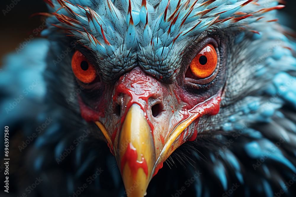 Poster a vulture depicted with vibrant abstract patterns, symbolizing the keen vision and adaptability of t