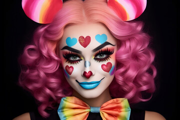 Portrait of pretty sexy woman dressed up with colorful clown costume in front of black studio background