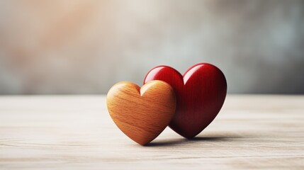 Two wooden hearts on wooden background with grey bokeh background valentine love concept