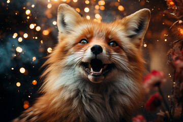 A fox surrounded by ferocious fireworks of abstract patterns, symbolizing the cunning and adaptability of these clever canines. - obrazy, fototapety, plakaty