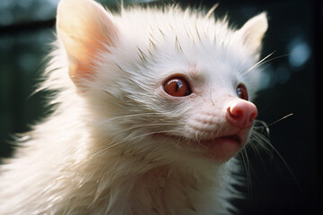 A close-up of an albino raccoon, its inquisitive expression emphasizing the proximity of wildlife in urban environments.