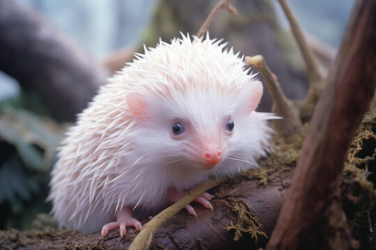 A delightful image of an albino hedgehog on a journey of exploration, its quills and pink nose adding to the charm.