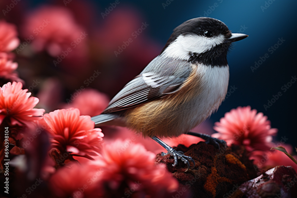 Poster a charming chickadee captured with charismatic flair against a pastel backdrop, embodying the tiny w