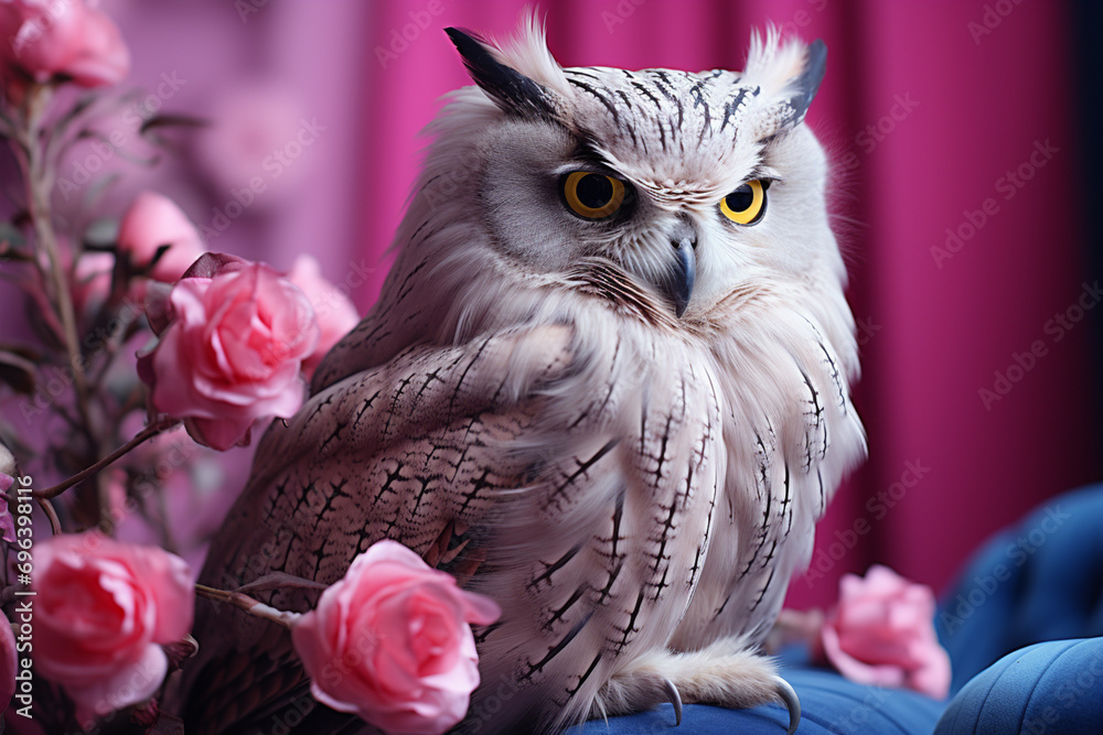 Poster an owl in a state of observance within a pastel paradise, its wise gaze and fluffy plumage adding a 