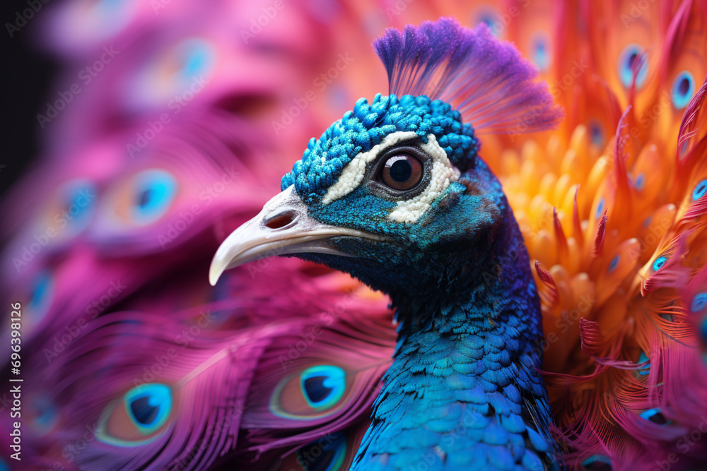 Poster a peacock captured in a majestic prance against a pastel paradise, its iridescent feathers creating 
