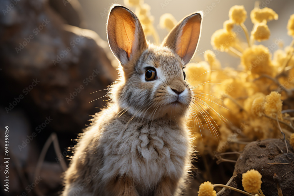 Poster A close-up of a dappled grey rabbit against a pale yellow background, showcasing the intricate patterns in its fur.