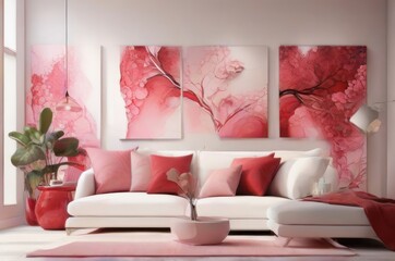 modern living room interior with red and pink wall arts