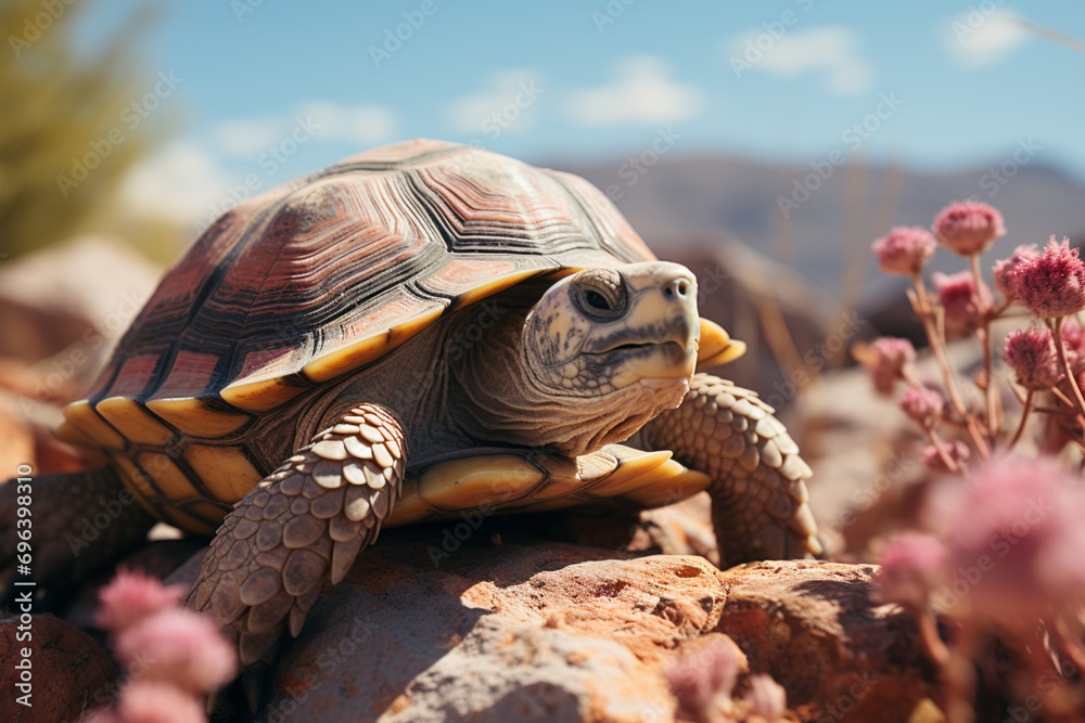 Poster A serene turtle basking on a soft pink rock, its textured shell and composed demeanor making for a tranquil image.