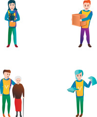 Volunteer team icons set cartoon vector. Girl and guy while working. Volunteer assistance, caring