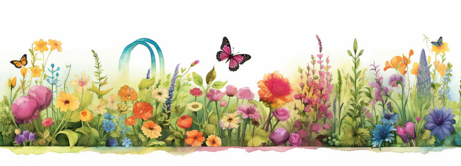 A page with doodle style flowers, butterflies, and other garden elements, each waiting to be filled with a burst of vibrant rainbow colors