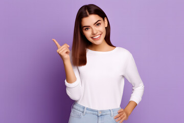 female model smiling and pointing at product, model for product promotion on blank background