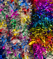 Multi-colored New Year's tinsel as an abstract background