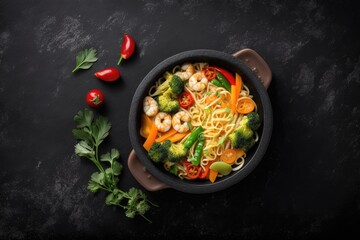 Stir fry noodles with shrimps and vegetables in bowl on black background