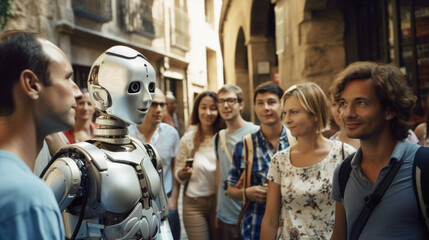 Robots assist guides in giving advice to tourists.