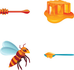 Honey icons set cartoon vector. Beekeeping. Honey production, apiary