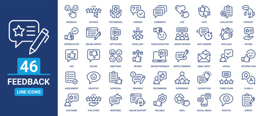 Feedback icon set. Containing customer review, satisfaction, ratings, opinion, social media, survey and evaluation icons. Outline vector icons collection. - obrazy, fototapety, plakaty