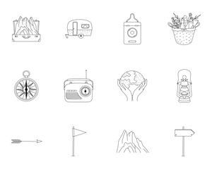 Travel outline icon set. Outdoor activities line illustrations. Editable stroke. Hiking, camping