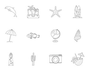 Travel outline icon set. Outdoor activities line illustrations. Beach holiday. Editable stroke. Ocean. Beach activities icons