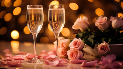Elegant champagne glasses and pink rose petals, bokeh effect backdrop
