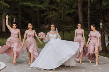 Fototapeta na wymiar Group portrait of the bride and bridesmaids. Bride in a wedding dress and bridesmaids in pink or powder dresses and holding stylish bouquets on the wedding day.