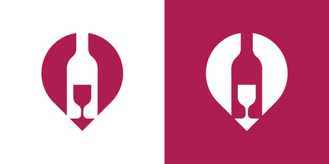 logo design combination of pin map shape with wine bottle, negative space logo, icon, vector, symbol. - obrazy, fototapety, plakaty