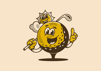 I'd rather be golfing. Vintage character illustration of a golf ball holding a golf stick