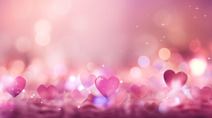 Lovely pink sparkling hearts on romantic bokeh background
