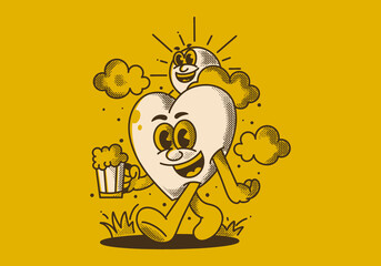 Your happiness depends on your actions. Character of sun and heart holding a beer