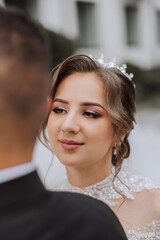 I am so happy to have met you. Shot of a happy young couple standing together on their wedding day....
