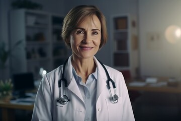 middle-aged woman doctor in a white medical coat with a stethoscope in the hospital.