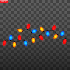 Christmas lights. Colorful Xmas garland. Vector red, yellow, blue and green glow light bulbs on wire strings isolated.