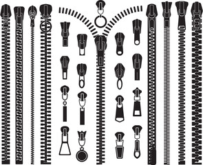 Zipper fasteners. Clothing zipper pullers silhouettes, closed zipper lock, slide fasteners isolated vector illustration set © Smix Ryo 