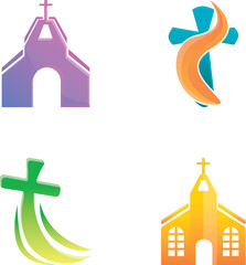 Religious symbol icons set cartoon vector. Church building and christian cross. Faith, religion
