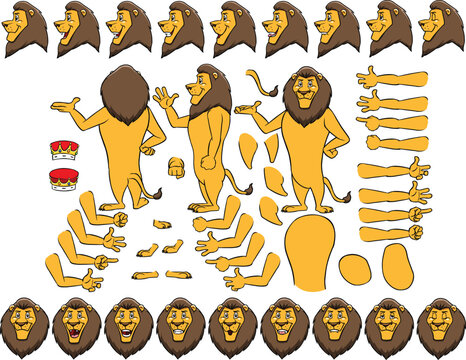 Vector cartoon style lion character for animation. Different emotions, gestures and poses. Isolated vector illustration.