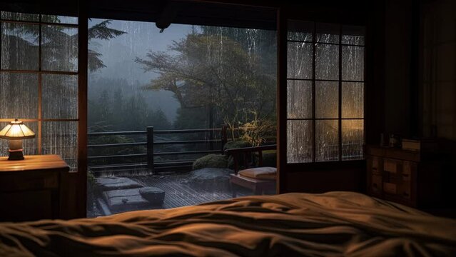 Shelter in Cozy Cabin at Night from Heavy Rainstorm Crackling Fireplace and Rain Sounds to Warm Up