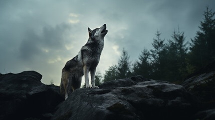 wolf howls at the moon standing on a rock - obrazy, fototapety, plakaty