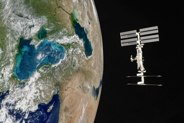 Blue planet Earth. Spacecraft launch into space. Elements of this image furnished by NASA. © Paopano