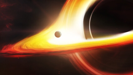 Close-up view of Black hole with Earth planet in deep space. Realistic science fiction art....