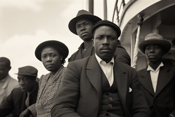 A vintage black and white photo of Caribbean citizens arriving on a boat to the UK after the war