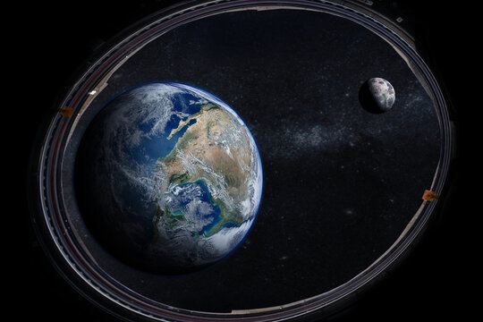 Earth in the outer space with beautiful moon from porthole. Elements of this image furnished by NASA.