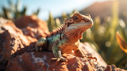 Fototapeta premium close up horizontal view of a lizard on a rock under the sunlight AI generated