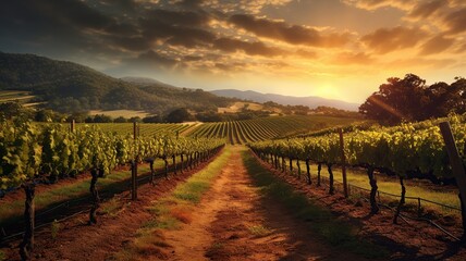 horizontal view of a vineyard on the hill slopes at the sunset AI generated