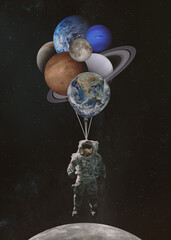 Astronaut spaceman with planets shaped balloons in solar system. Elements of this image furnished...
