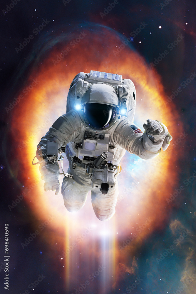 Wall mural epic view of an astronaut in spacesuit in space with stars, nebula and galaxy around him. elements o