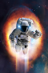 Epic view of an astronaut in spacesuit in space with stars, nebula and galaxy around him. Elements...