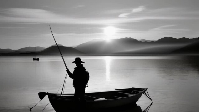 White and black fisherman silhouette catch fish with rod. Fisher man rest in boat at lake. Beautiful river landscape. Active person have fun outdoor. Male hobby. Adventure concept.