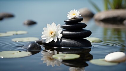 Stack of black zen stones with white petals on calm water background from Generative AI