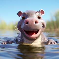 Cute 3D hippo in water - obrazy, fototapety, plakaty
