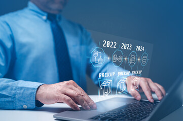 Backup data concept. Database administrators backup company and customer data concept. Databases, computer, DBMS, DBA, database, SQL, cloud stored. Software engineering is restoring data to servers