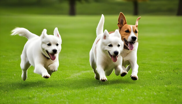 Les chiens heureux courent ensemble